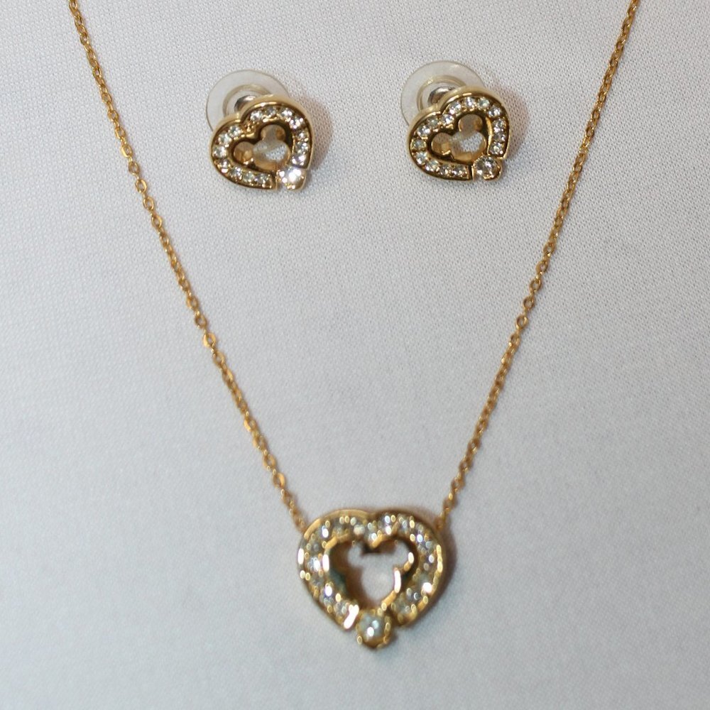 Disney Mickey Mouse Golden And White Crystal Heart Necklace And Earrings
